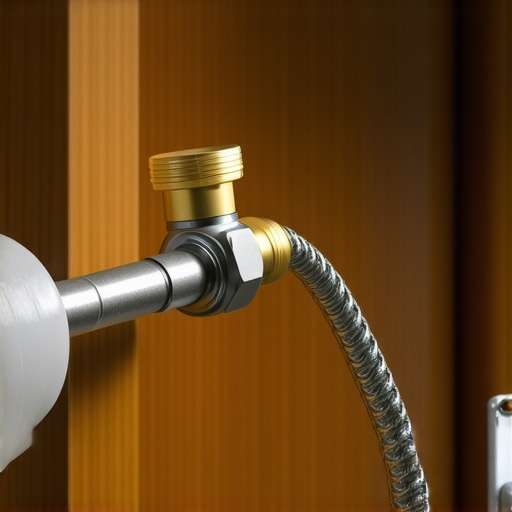 Close up of a brass water hammer arrestor installed on a dishwasher supply line to prevent pipe banging.
