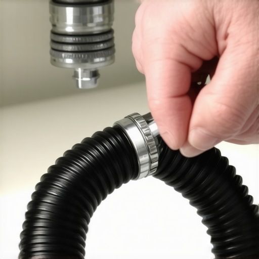 Close-up of a dishwasher drain hose clamp being tightened with a screwdriver.