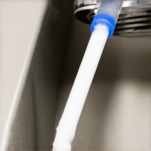 Close-up of a kitchen sink air gap with the chrome cover removed for cleaning.