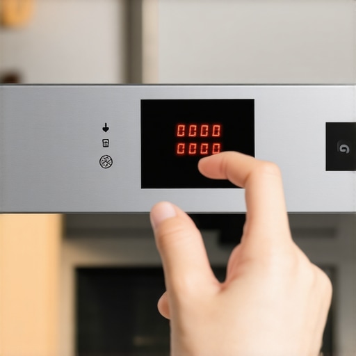 A digital display on a dishwasher showing an error code with a person checking for diagnostics.
