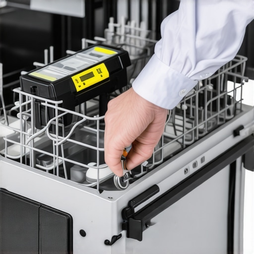 Adjusting dishwasher leveling feet with a wrench and spirit level