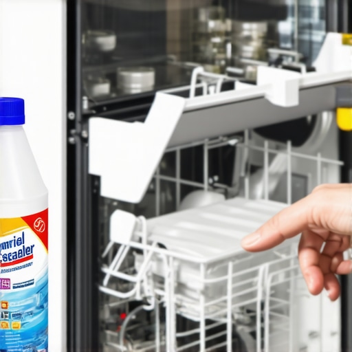 A bottle of dishwasher descaler sitting on a kitchen counter near an open dishwasher.
