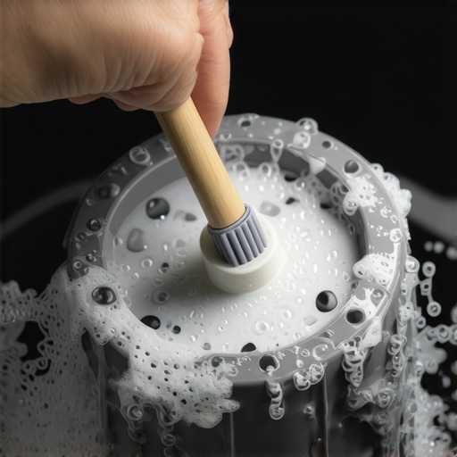 A person cleaning the grease and sludge from a dishwasher impeller using a toothbrush.