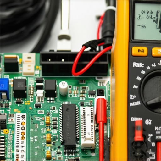 Modern Dishwasher Control Board Diagnostics Close-up of a technician using a multimeter on a dishwasher circuit board