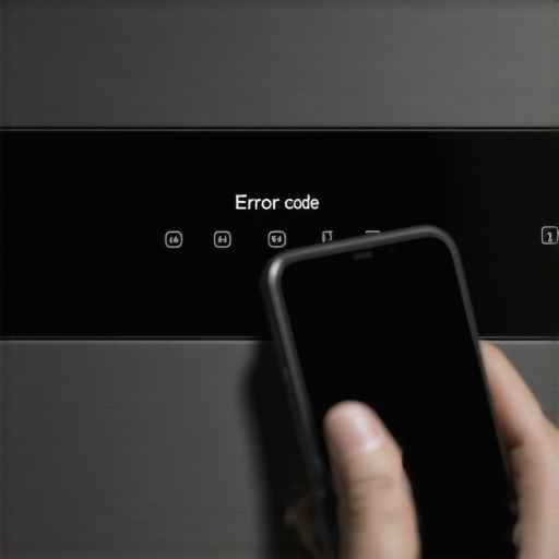 A person using a smartphone to look up a diagnostic error code displayed on a dishwasher control panel.