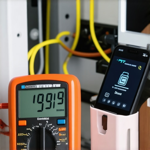 A multimeter and smartphone app being used to troubleshoot a dishwasher's electrical components.