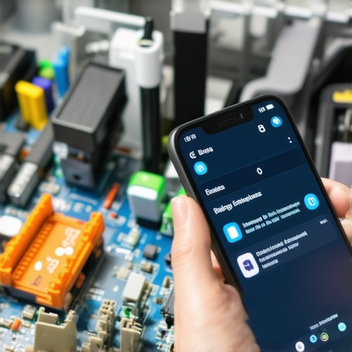Close-up of a dishwasher control board and a smartphone used for firmware diagnostics.