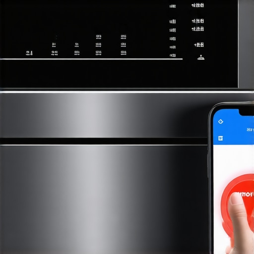 A person using a smartphone to diagnose a dishwasher error code on a digital display.