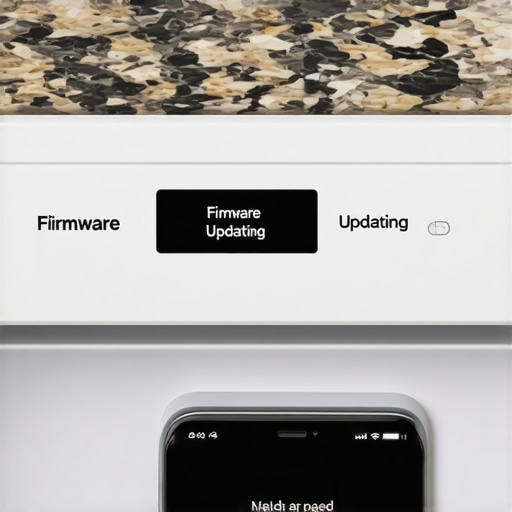 Close-up of a dishwasher screen displaying a firmware update status next to a smartphone.
