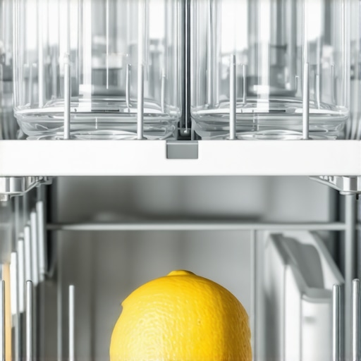 Lemon half placed in dishwasher rack to combat hard water film.