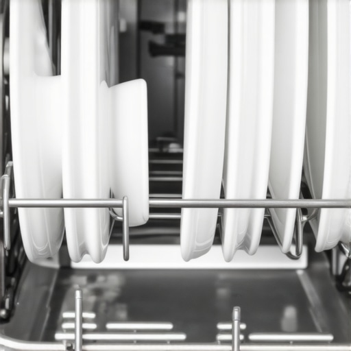 A properly loaded dishwasher rack showing correct plate angling for better cleaning.
