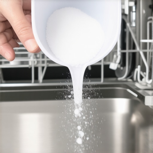 Close up of a hand using a funnel to fill a dishwasher salt reservoir to prevent hard water stains.