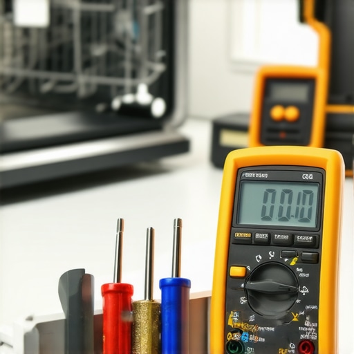 Digital multimeter testing a dishwasher water inlet valve for electrical continuity
