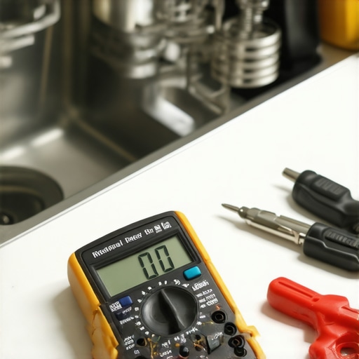 A digital multimeter being used to diagnose a dishwasher electrical component