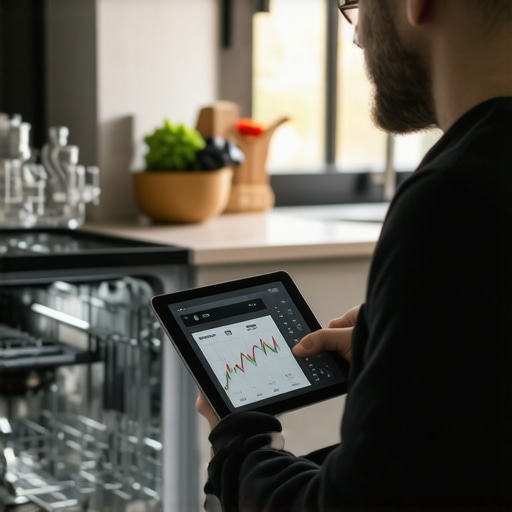 Professional Dishwasher Diagnostic Inspection A technician using a digital tablet to run diagnostic software on a modern dishwasher in a home kitchen.