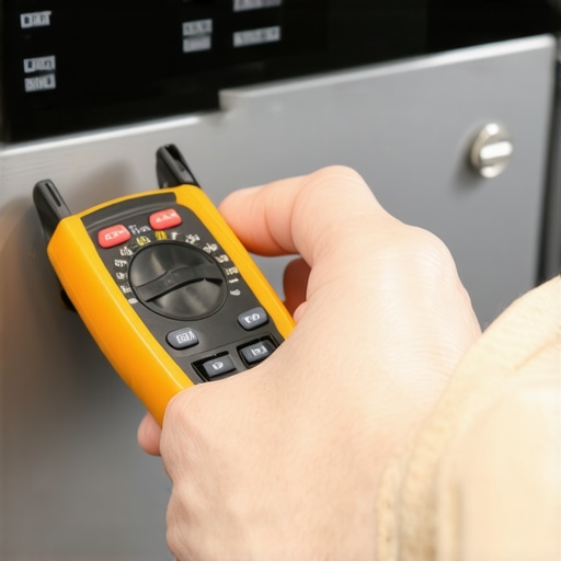 A technician using a multimeter to verify a dishwasher error code on a control board.