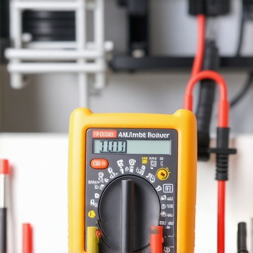 Close-up of a multimeter testing an appliance inlet valve for electrical continuity.