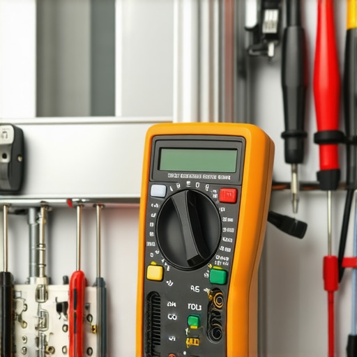 Technician using a digital multimeter to check a dishwasher heating element for electrical ground faults.