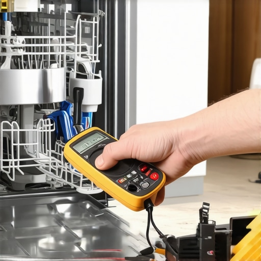Technician testing dishwasher circuits for warranty documentation