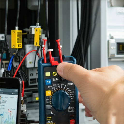 Technician using a multimeter and smartphone app to diagnose a dishwasher control board.