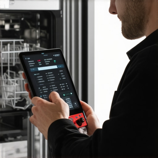 A technician performing a professional diagnostic check on a smart dishwasher.