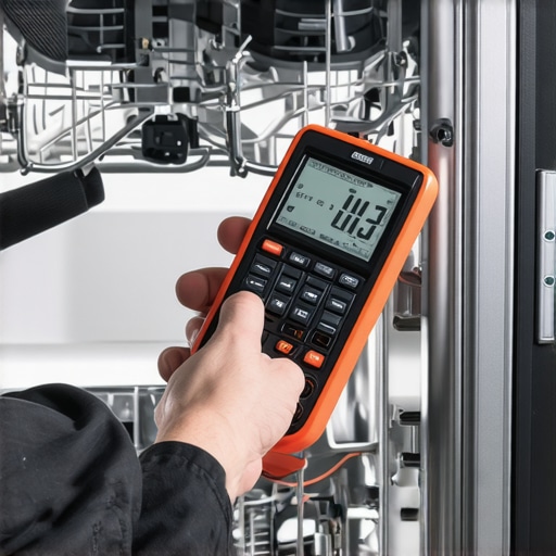 Technician checking dishwasher fault codes and sensor calibration