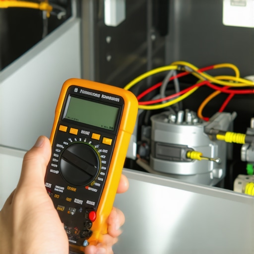 Close-up of a multimeter testing a dishwasher motor to diagnose a repair issue.