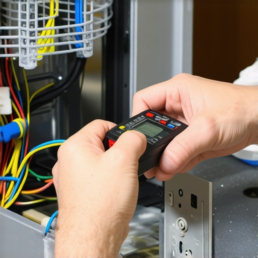 A technician testing dishwasher wiring with a multimeter to diagnose electrical faults
