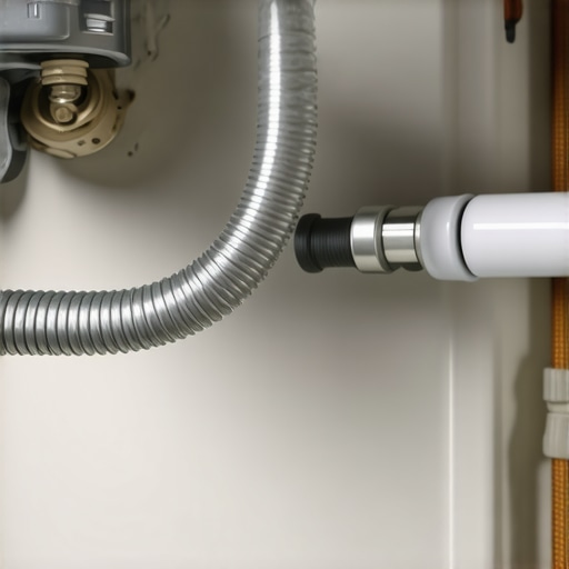Close up of a dishwasher drain hose showing a high loop configuration under a sink.