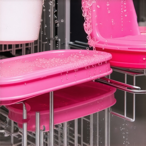Plastic containers tilted at a 45-degree angle inside a dishwasher rack to improve drying.