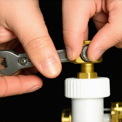 Close up of a wrench tightening a dishwasher water line connection to the inlet valve.