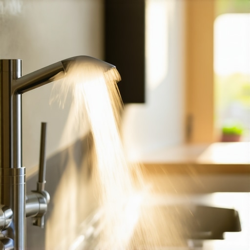 Steaming hot water running from a kitchen faucet to prime the dishwasher