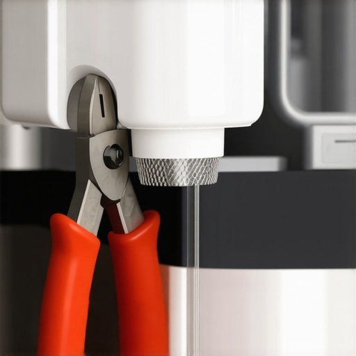 A technician using pliers to extract a mesh filter from a dishwasher water inlet valve.