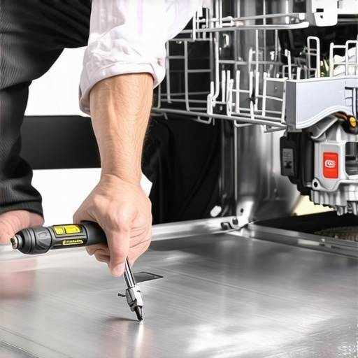 Hands using a tool to remove a dishwasher kickplate to reveal the internal pump and motor components.