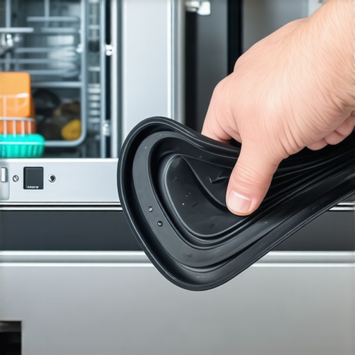 A hand pulling a dirty rubber seal out of a dishwasher channel for replacement.