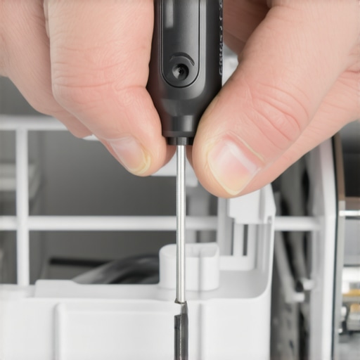 Step-by-step removal of the dishwasher spray arm mount to access the hidden debris trap.