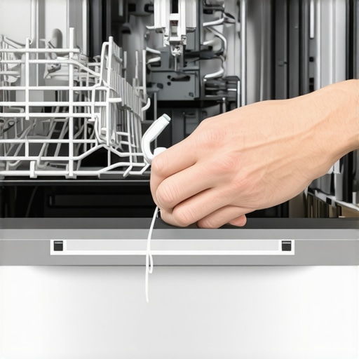 Hands repairing a dishwasher door pulley system