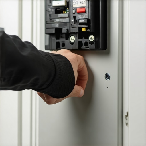 Hand flipping a circuit breaker switch to perform a hard reset on a kitchen appliance.
