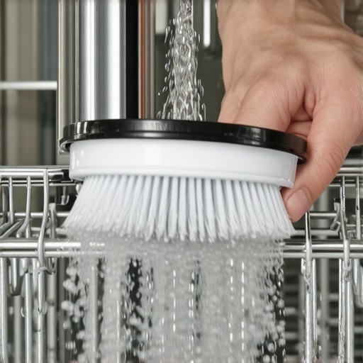 Person cleaning a dishwasher filter with a soft brush to remove food residue and odors.