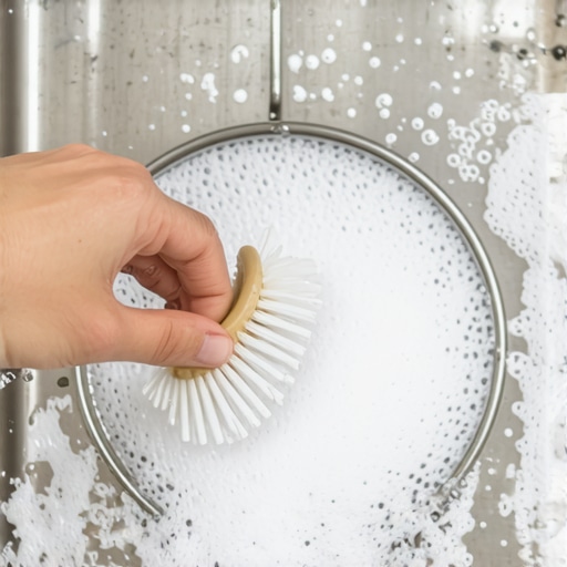 A person cleaning a mesh dishwasher filter with a soft brush and soap in a sink.