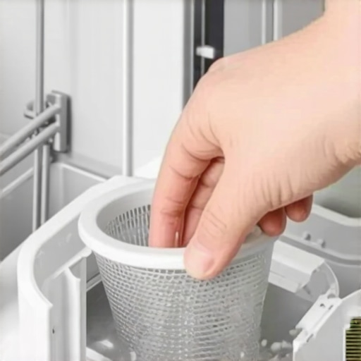 Close up of cleaning a dishwasher filter with a soft brush to remove biofilm