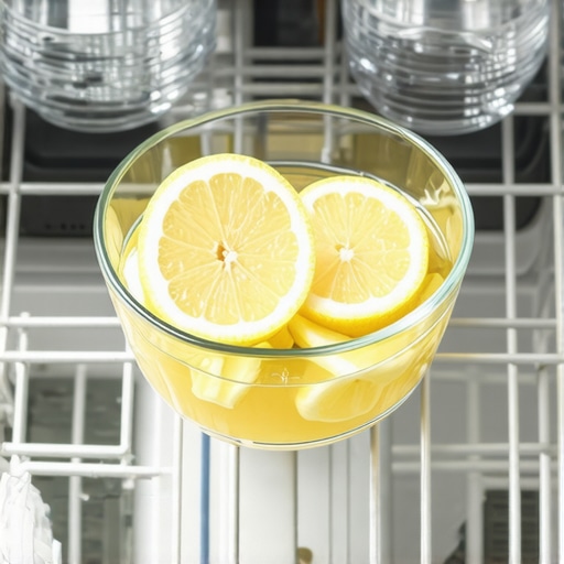 A bowl of lemon juice on the top rack of a dishwasher to remove hard water scale.