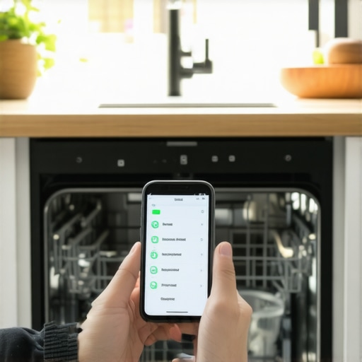A homeowner performing a digital diagnostic check on a smart kitchen appliance to troubleshoot voice control issues.