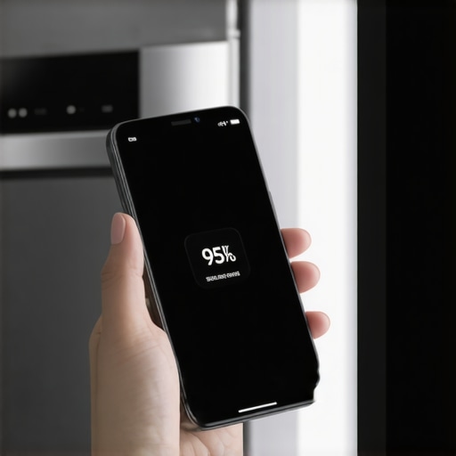 Smartphone screen showing a successful smart dishwasher firmware update progress bar near the appliance.