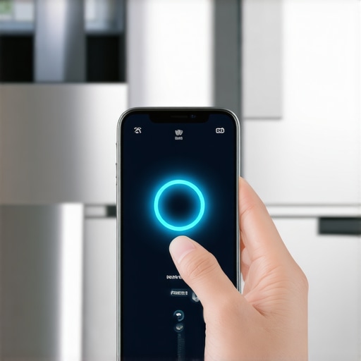Hand holding a smartphone near a dishwasher control panel during a software update