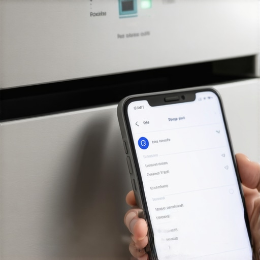 A person using a smartphone app to diagnose a dishwasher error code next to the appliance control panel.