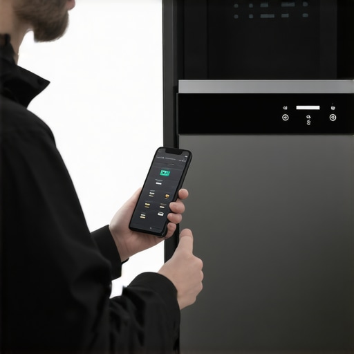 Technician using a smartphone to run smart diagnostics on a dishwasher to save warranty benefits.