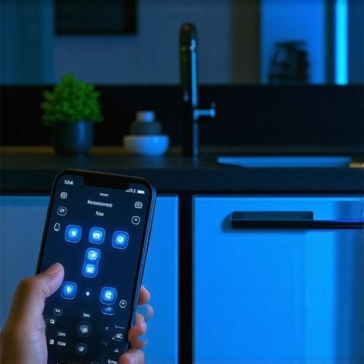 Syncing Smart Dishwasher Firmware Via Mobile App A smartphone interface showing a firmware update progress bar next to a smart dishwasher control panel