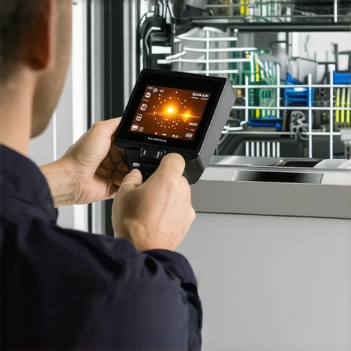 Technician Using Thermal Camera for Dishwasher Diagnostics A technician uses a thermal camera to find a short circuit in a dishwasher control board.
