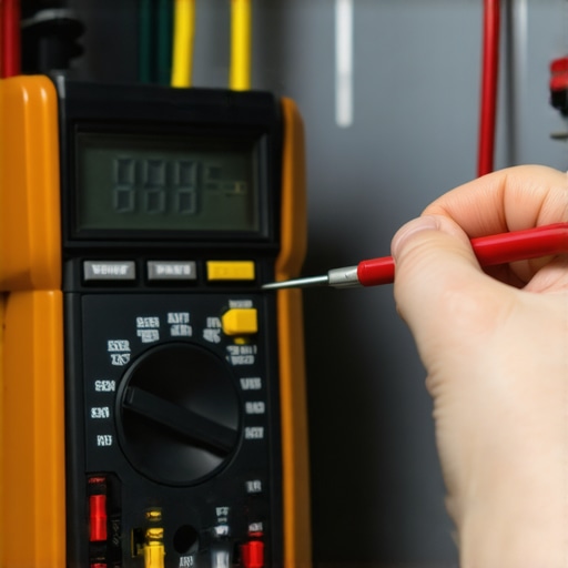 A homeowner using a digital multimeter to diagnose a dishwasher heating element for a DIY repair.